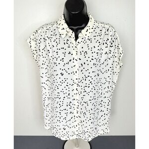 LOFT Women's Polka Dot Short Sleeve Button Front Top White Size XS Preppy Work